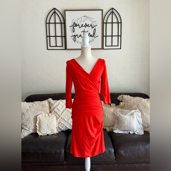 DVF Bentley Three-Quarter Sleeve Ruched Dress In Red Size S Designer Classic - Picture 3 of 14